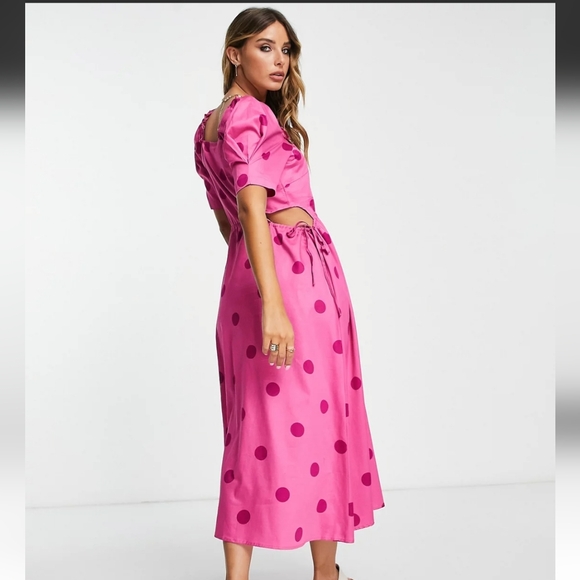 ⭐ Brand new ASOS Y.A.S cut out puff sleeve midi dress in bright pink - Size XS - Picture 3 of 5